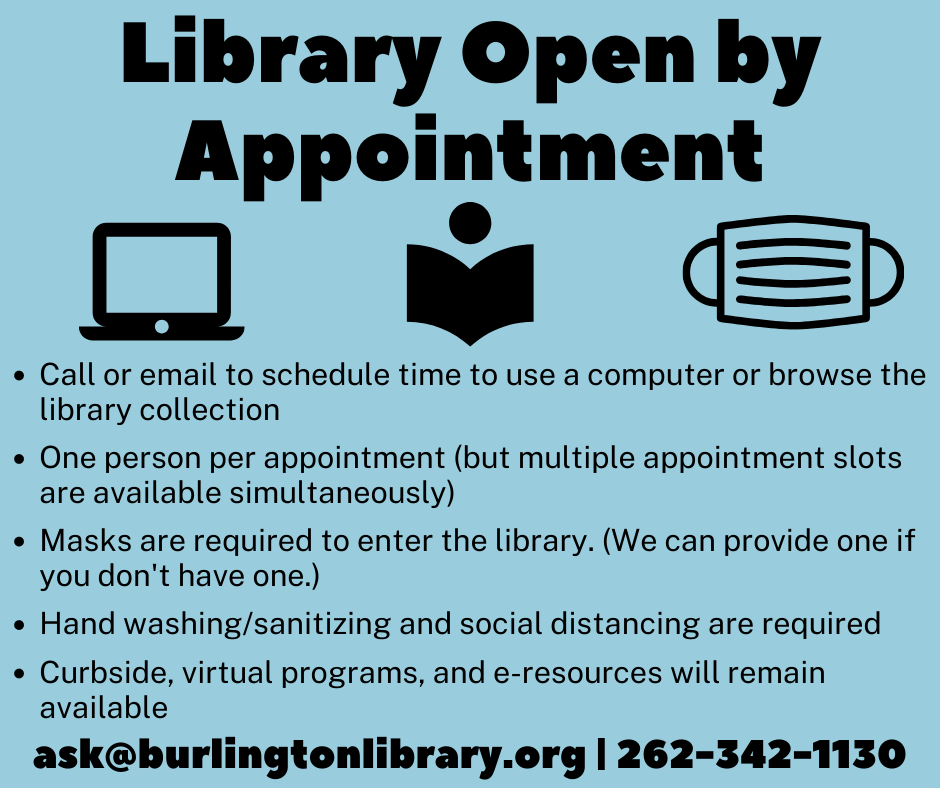 Library Open By Appointment Call 262-342-1130 for details