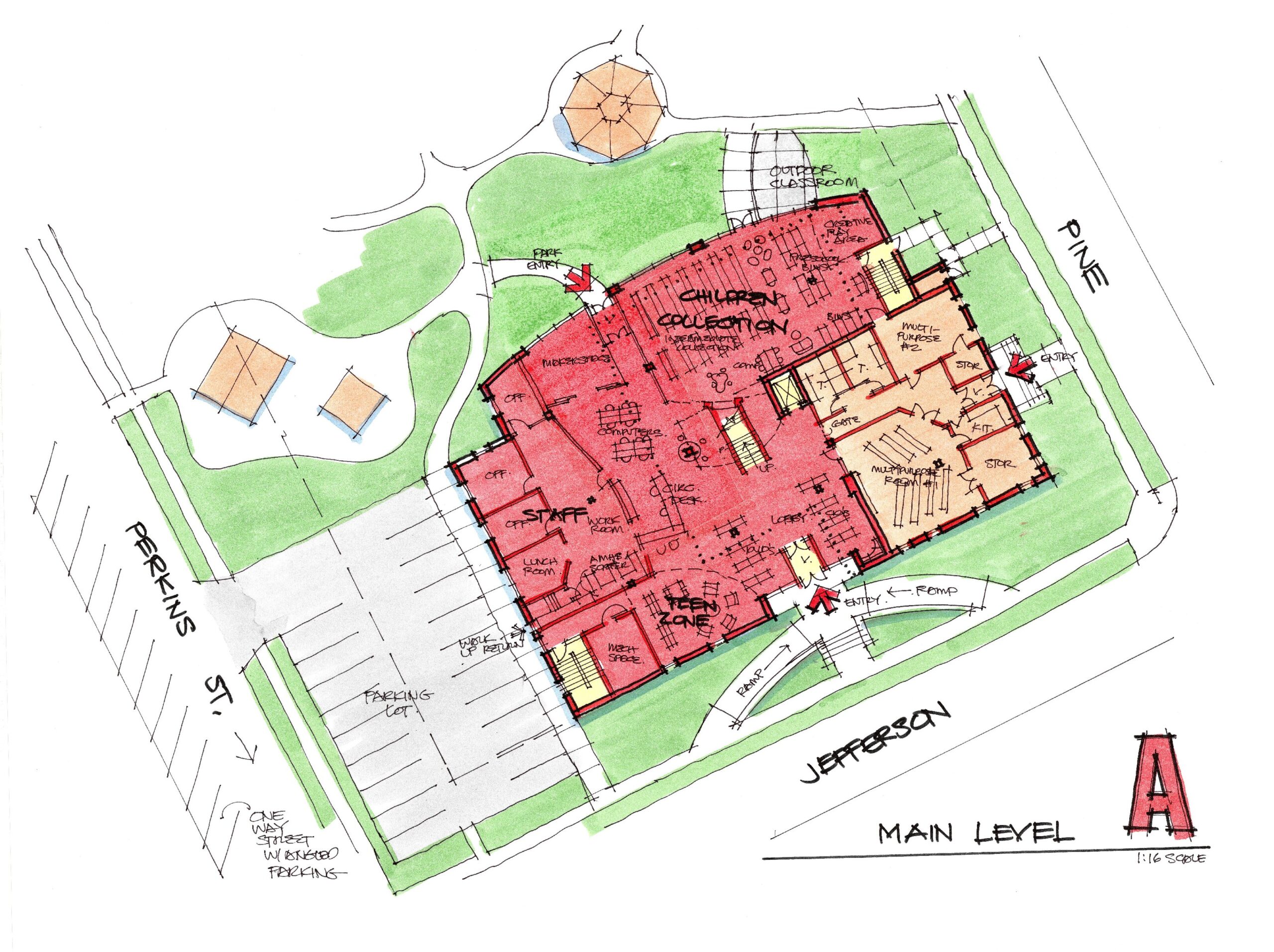 An architect's sketch of a planned library expansion.