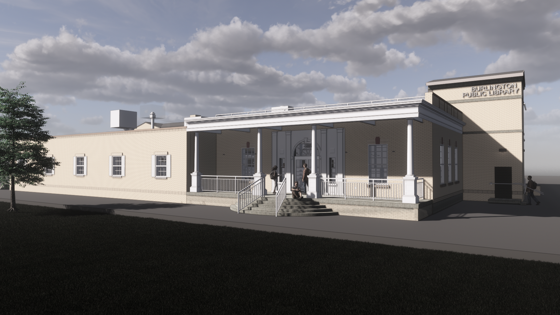 Rendering of the renovated library space from the park