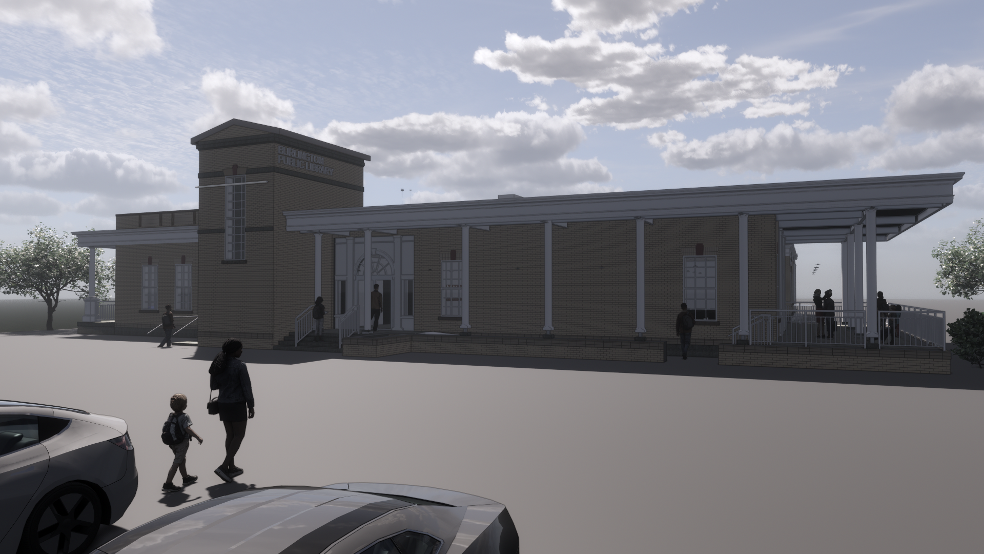 Rendering of the library from the parking lot.
